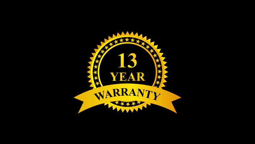 Golden 13 year warranty badge with ribbon on black background, premium quality guarantee label, certification seal, quality assurance, product guarantee seal, metallic gold warranty