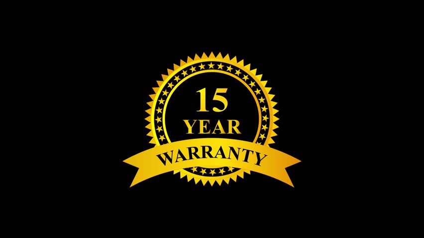 Golden 15 year warranty badge with ribbon on black background, premium quality guarantee label, certification seal, quality assurance, product guarantee seal, metallic gold warranty