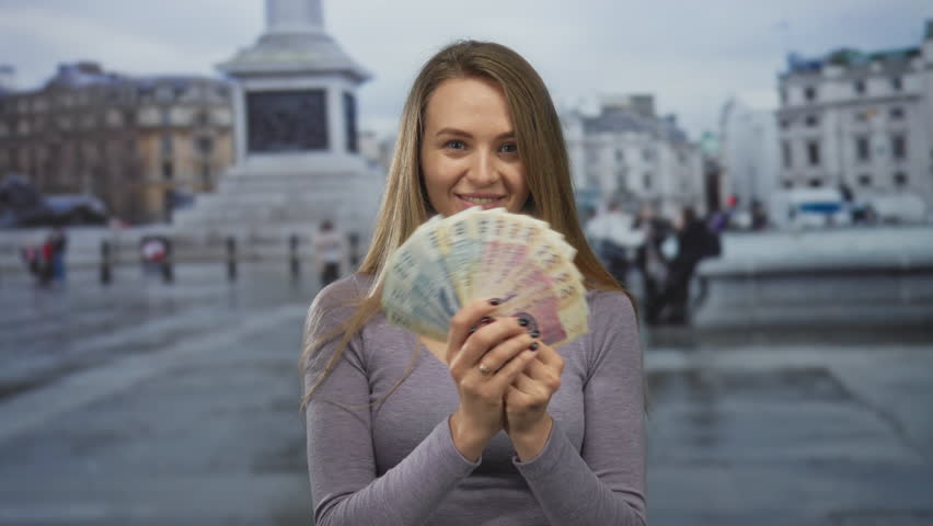 Woman smiling holding polish zloty banknotes in outdoor square with blurred historic cityscape