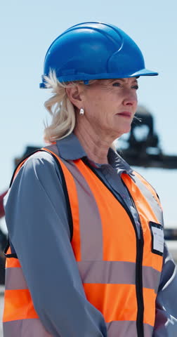 Construction site, face or happy manager with arms crossed, safety compliance or property development. Portrait, confident or mature woman laugh for project management, outdoor or building contractor