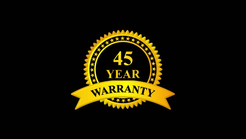 Golden 45 year warranty badge with ribbon on black background, premium quality guarantee label, certification seal, quality assurance, product guarantee seal, metallic gold warranty
