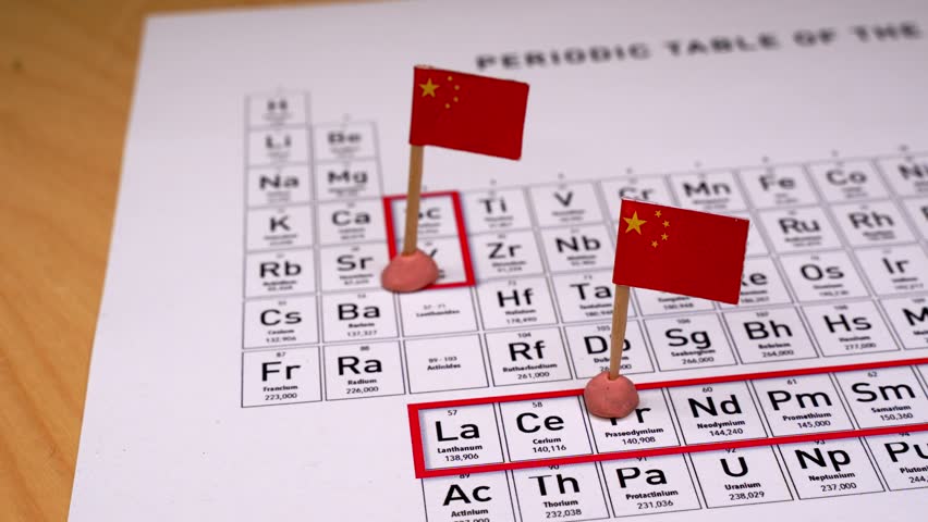 Chinese flags marking rare earth elements on the periodic table, symbolizing the country's dominance in the global supply chain, international trade, and the geopolitical tariff war with the USA