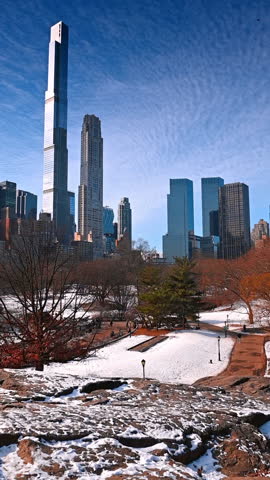 People walk in the park in winter. Snow lies on the ground of the Central Park in New York, USA. Vertical video.