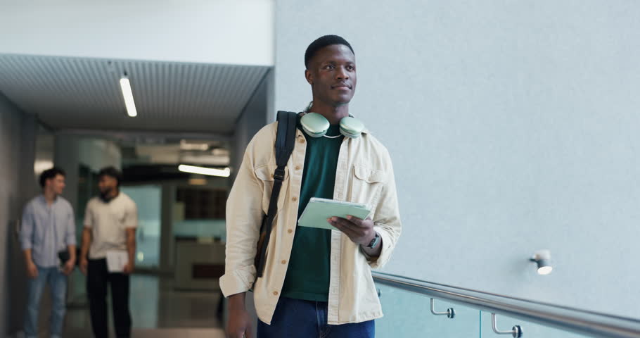 Walking, college and man on tablet thinking for learning, education or knowledge. University, school and student with textbooks, thoughtful and digital tech for class for lesson, study or scholarship