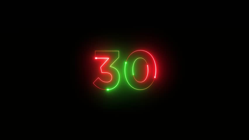 30 seconds countdown glowing neon light animation isolated on black background