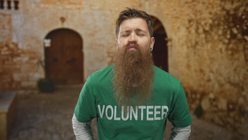 Man with beard forms heart gesture with hands outdoors on old town street in front of stone building; love.