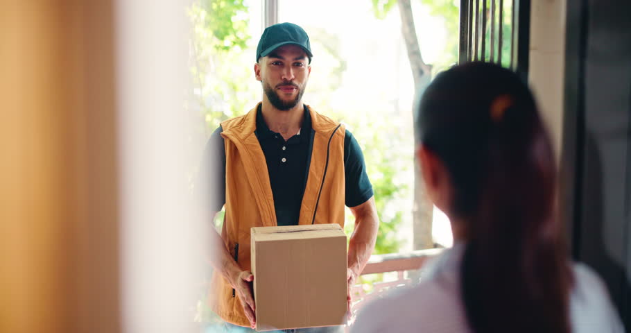 Delivery man, woman and package at front door, home or happy for customer experience with e commerce. People, courier and talk with cardboard box, shipping service or thanks for product at apartment