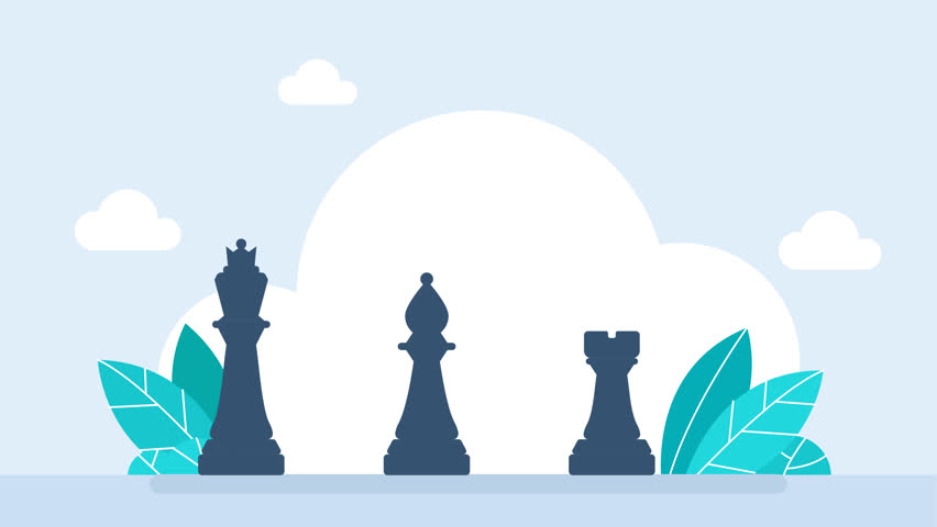 Chess pieces. Chess pieces, one after another, fall from above. King, queen, bishop, pawn, knight, knight, rook. Icon set. Board game. Silhouettes. Outline set of chess icons. 2D flat animation