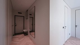 Minimalist interior features doors with black frames, a mirror, and light parquet flooring. Neutral palette and clean lines define the modern aesthetic. - Powered by Shutterstock - Get 15% off with code: PIKWIZARD15