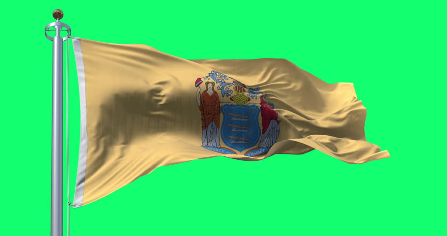Flag of New Jersey, one of the original Thirteen Colonies, waving in the wind isolated on green background. Seamless 3D render animation. Chroma key. Slow motion loop. Green screen. 4K.