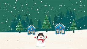 4k animation of winter holiday scene with snowman, decorated christmas trees, snowy village houses, and snow falling, creating a festive and peaceful christmas atmosphere - Powered by Shutterstock - Get 15% off with code: PIKWIZARD15