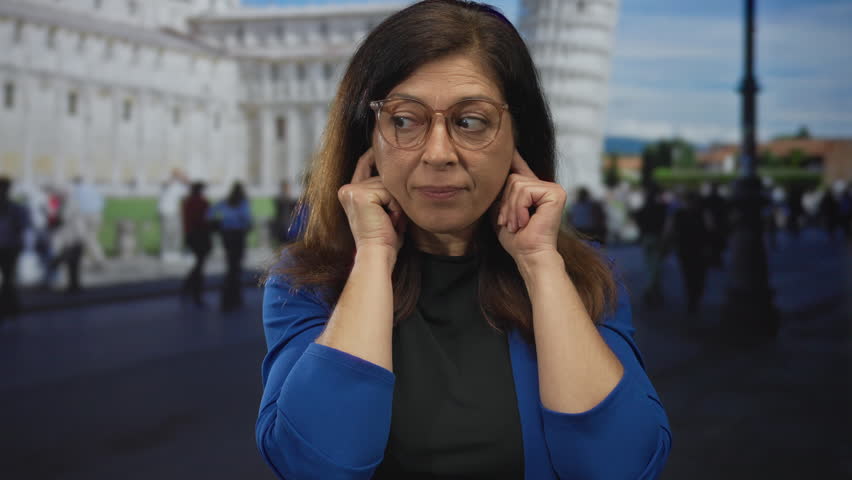 Woman covers ears with fingers in front of pisa tower building, wearing glasses and blue jacket; annoyance travel frustration.
