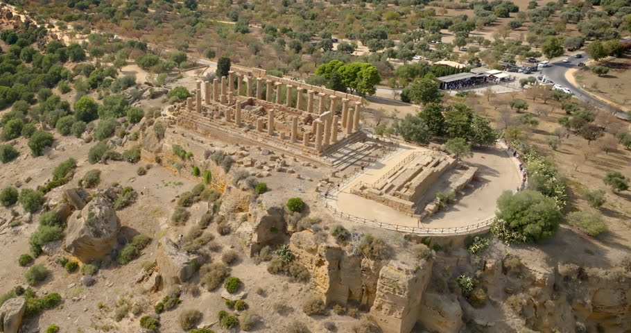Aerial view of the Temple of Hera (or Roman Juno), located in Agrigento, Sicily, Italy. Known as Temple D, it