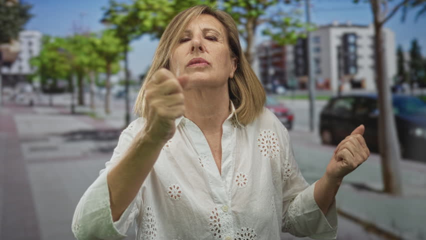Woman in white embroidered blouse clenches both hands into fists on busy urban street with blurred cars and trees behind; determination.