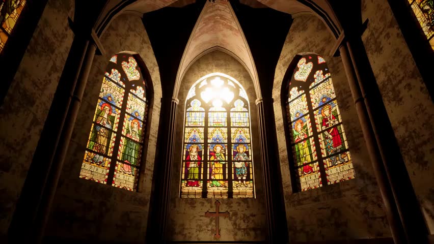 Sunlight beaming through colorful stained glass windows inside a church, creating glowing rays, spiritual atmosphere, and serene sacred interior illumination. - Powered by Shutterstock - Get 15% off with code: PIKWIZARD15