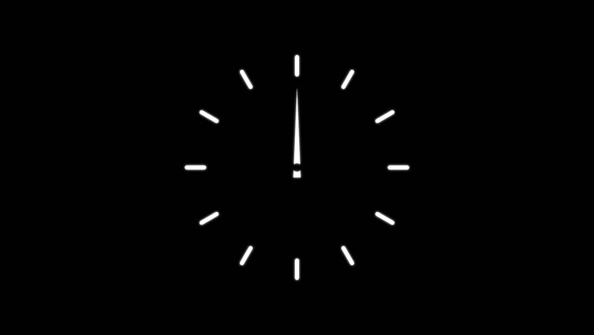 Twelve hours clock run, moving time arrows, 12 hours clock dial loop, twenty-four hours time lapse animation.Hours appear on a black background.
