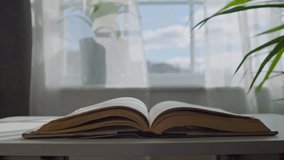 Close-Up Cinematic Scene Of An Antique Book On A Small Table As Warm Sunlight Streams Through The Window, Wind Gently Flipping Its Pages Beside Blooming Plants. - Powered by Shutterstock - Get 15% off with code: PIKWIZARD15