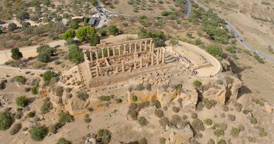 Aerial closeup of the Temple of Hera (or Roman Juno), in Agrigento, Sicily, Italy. Known as Temple D, it