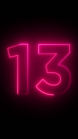 Neon glowing text 13 number animation on black background.13 number neon bright red color.Shining pink neon number thirteen animation.