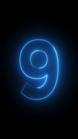 Neon glowing text 9 number animation on black background.09 number neon bright cyan color.Shining neon number nine animation.