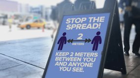 City sidewalk sign instructs people to stay 2 meters apart, reflecting social distancing practices during the COVID-19 pandemic. - Powered by Shutterstock - Get 15% off with code: PIKWIZARD15