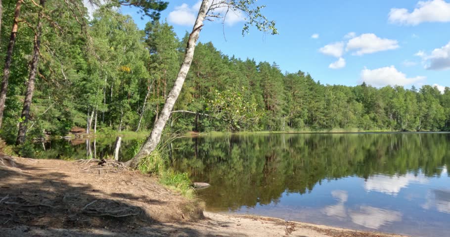 Gentle pan to right of rippling  Fiskträsk lake with reflection of clouds in the sky in summer, Sipoonkorpi National Park, Finland.
