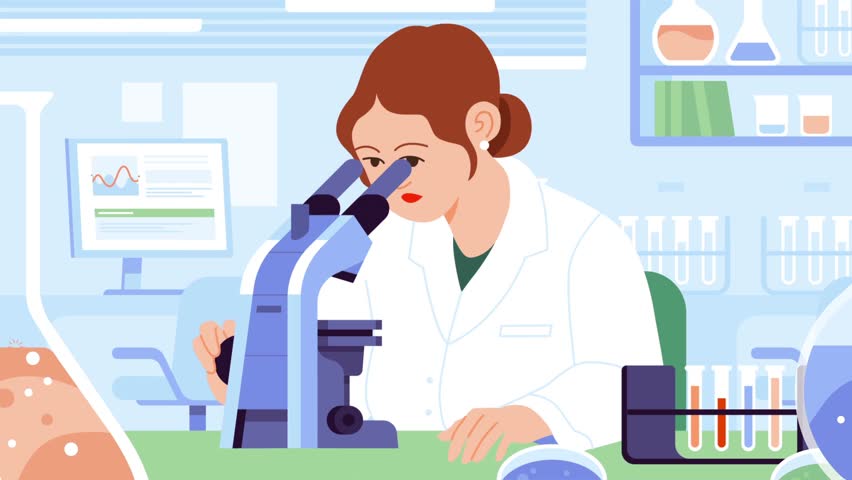 Female lab researcher with microscope, chemistry scientist, conducting experiment, laboratory analysis, science cartoon animation - Powered by Shutterstock - Get 15% off with code: PIKWIZARD15