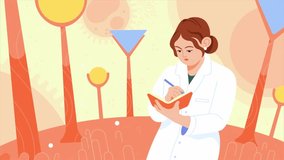 Female scientist with orange background, holding flask for laboratory chemistry, woman in research, science and innovation cartoon animation - Powered by Shutterstock - Get 15% off with code: PIKWIZARD15