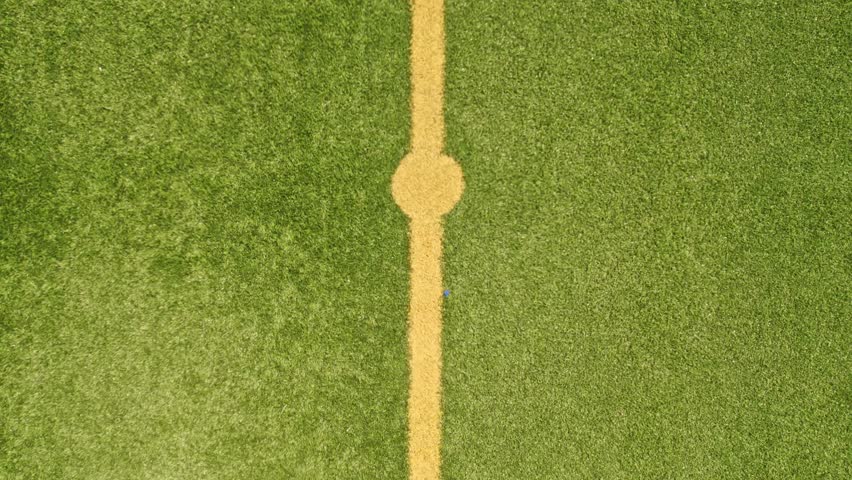 Rugby field grass zooms in view. Football field with green grass and white paint lines and marks.  Soccer field football field with nice green environment. Sports recreational activity ground.
