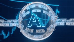 AI text glowing in sphere, dollar bills flying, financial chart background. Depicts AI investment bubble, market crash, economic downturn, overvaluation, risk. AI industry instability, financial - Powered by Shutterstock - Get 15% off with code: PIKWIZARD15
