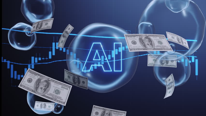 AI bubble burst concept. Digital AI text in bubble, falling dollars, declining stock chart. Market crash, financial risk, investment volatility, technology downturn. Economic crisis, future tech.