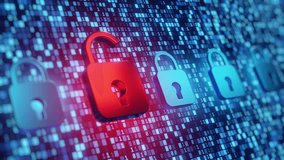 Open red padlock among closed blue locks on binary code background. Represents cybersecurity breach, data vulnerability, hacking, digital threat, information security risk. Abstract tech concept. - Powered by Shutterstock - Get 15% off with code: PIKWIZARD15