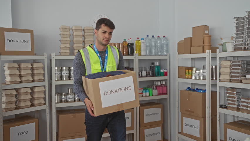 Man pushes box while carrying supplies across warehouse with young hispanic volunteer organizing donations and a guy checking numbers on computer. - Powered by Shutterstock - Get 15% off with code: PIKWIZARD15