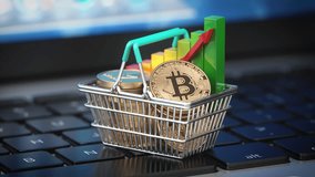 Bitcoin coins in a shopping basket and growing graph on laptop keyboard. Cryptocurrency investment concept. 3d video animation. - Powered by Shutterstock - Get 15% off with code: PIKWIZARD15