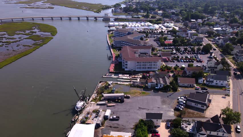 An aerial view of a resort town on the Atlantic Ocean coast.
