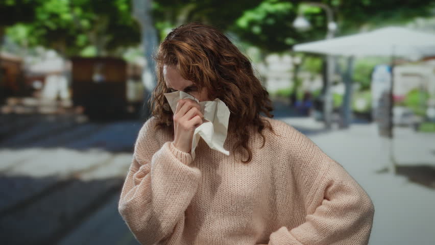 Young woman sneezing into tissue on city street during allergy season, surrounded by green trees and sunlight, highlighting health and seasonal challenges.