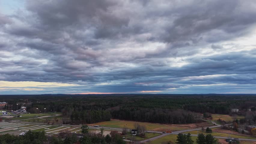 Aerial view of a cloudy sunset in Durham, New Hampshire
