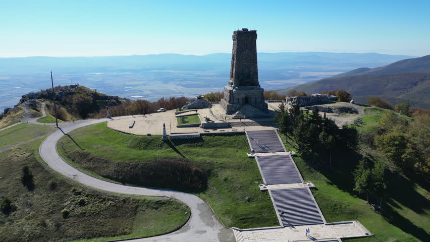 Stunning aerial footage orbiting the Shipka Monument on a sunny autumn day in the Balkan Mountains