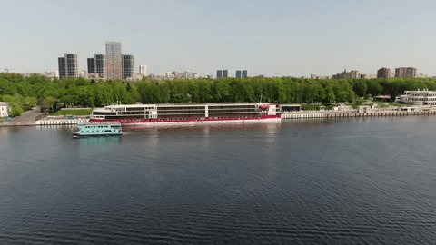 Aerial Riverside View Cruise Liner City Skyline