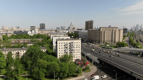Aerial Panorama City Blocks Busy Multilane Road