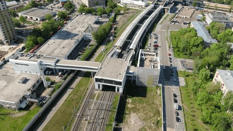 High Drone View Railway Station Arriving Train