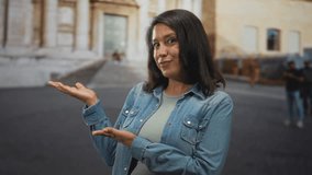 Woman smiling, presenting empty space with open palms and visible hands on a stone city street near a building facade; joyful welcome. - Powered by Shutterstock - Get 15% off with code: PIKWIZARD15