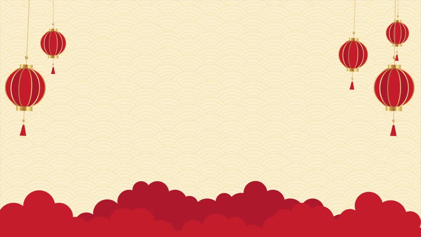Minimal Chinese New Year animation background with red lanterns, gold cloud elements, soft wave patterns, and wide copy space. Suitable for festive greetings, promos, and Asian themed designs.