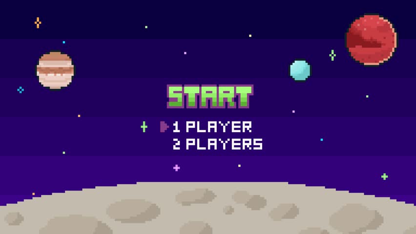 8-bit pixel art start, player text on a starry planet cosmic space background. space game start screen. looped animation 4k 30fps - Powered by Shutterstock - Get 15% off with code: PIKWIZARD15