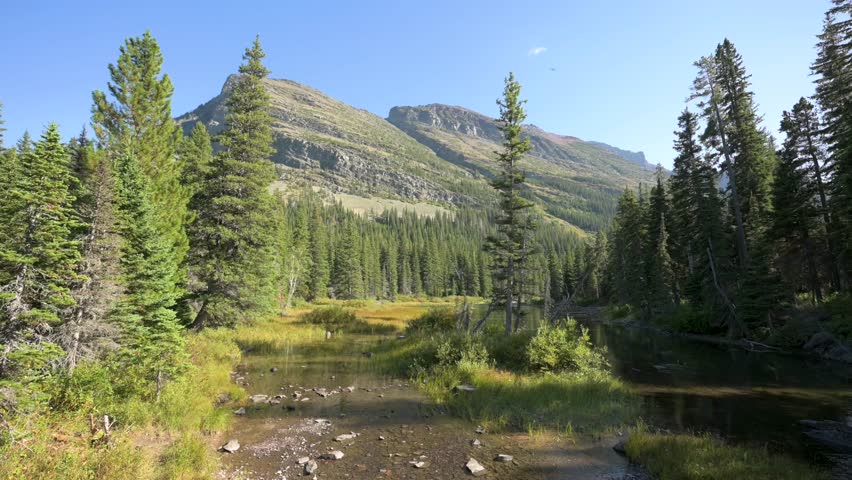 Aster Creek running away from Mount Henry into Two Medicine Lake in Glacier National Park, static 4k