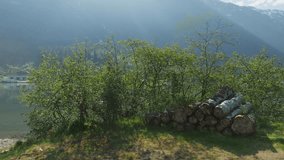 Pile of logs beside green trees with a serene mountain lake backdrop and kayaker in Olden, Norway 4k - Powered by Shutterstock - Get 15% off with code: PIKWIZARD15