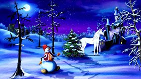 Experience the enchantment of a magical winter night. A joyful snowman, a decorated Christmas tree, and a graceful unicorn gather under a starry sky near a storybook castle - Powered by Shutterstock - Get 15% off with code: PIKWIZARD15