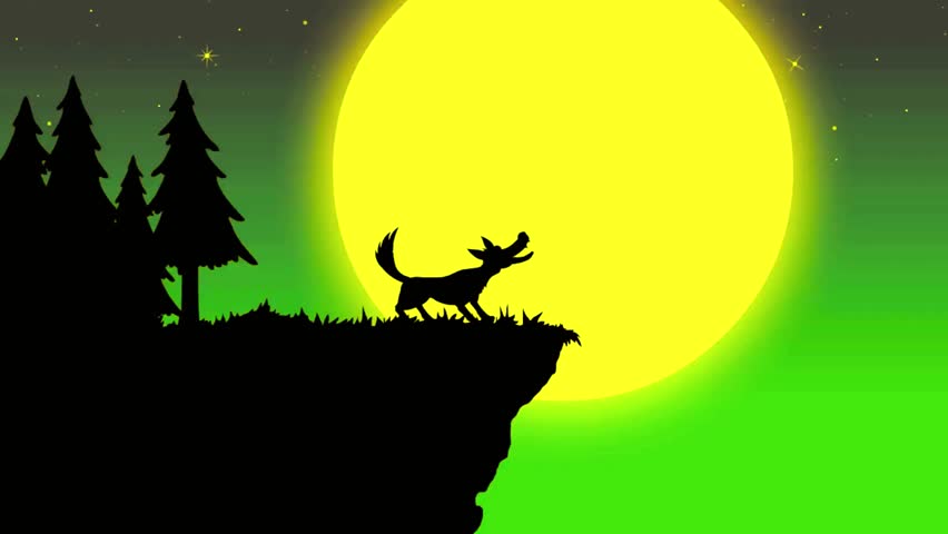 A lone wolf's silhouette dramatically howls at a giant moon against a vibrant gradient sky, hinting at wild mysteries and primal calls from a dark forest cliff edge.