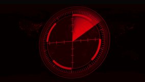 Red Radar Scope Overlaying World Map with City Lights targeting earth. Interactive red radar overlay on world map emphasizing city lights and global targeting systems. - Powered by Shutterstock - Get 15% off with code: PIKWIZARD15