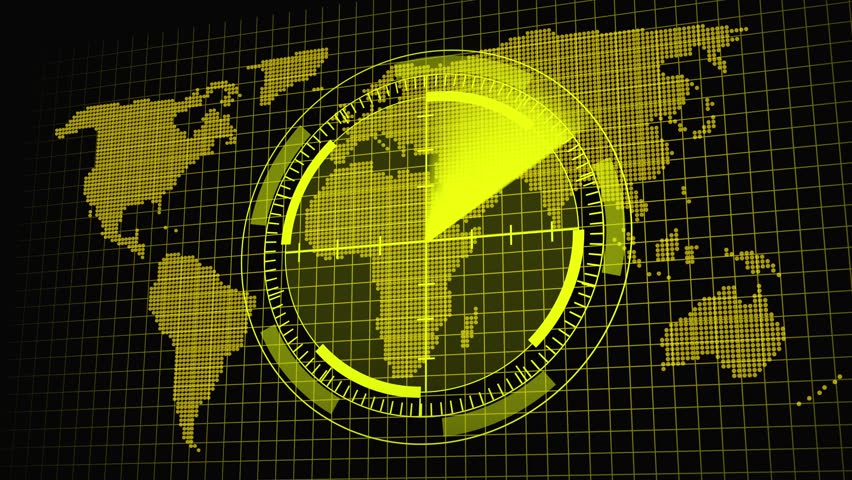 Yellow Digital World Map with Futuristic Radar Scope and Grid Overlay targeting earth. Interactive yellow world map with radar scope and grid overlay highlighting global tracking systems. - Powered by Shutterstock - Get 15% off with code: PIKWIZARD15